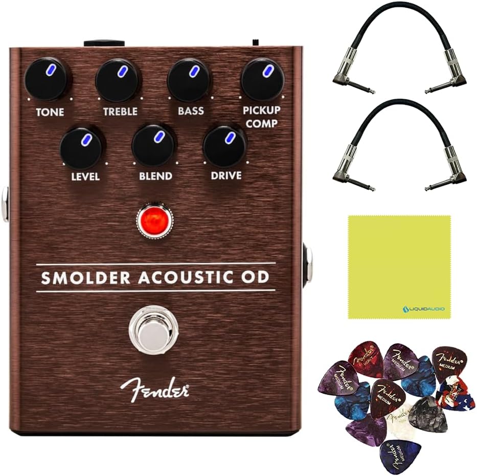 Fender Smolder® Acoustic Overdrive Effects Pedal Bundle w/2x Strukture S6P48 Woven Right Angle Patch Cables, 12x Guitar Picks and Liquid Audio Polishing Cloth