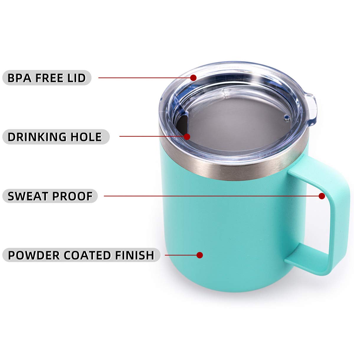 CIVAGO Taza de café de acero inoxidable con asa, 354 ml de doble pared aislado al vacío con tapa, apto para viajes (Aqua, 4 unidades)