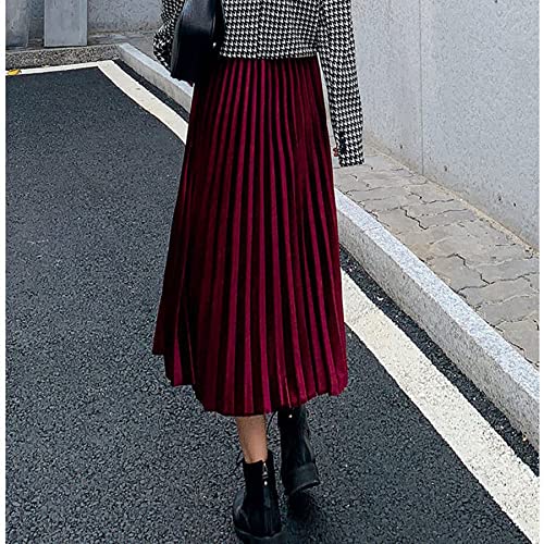 Tonchengsd Women's Gold Velvet High Waist Flared Skirt Pleated Midi Skirt (Wine Red, Xl) #TOP2