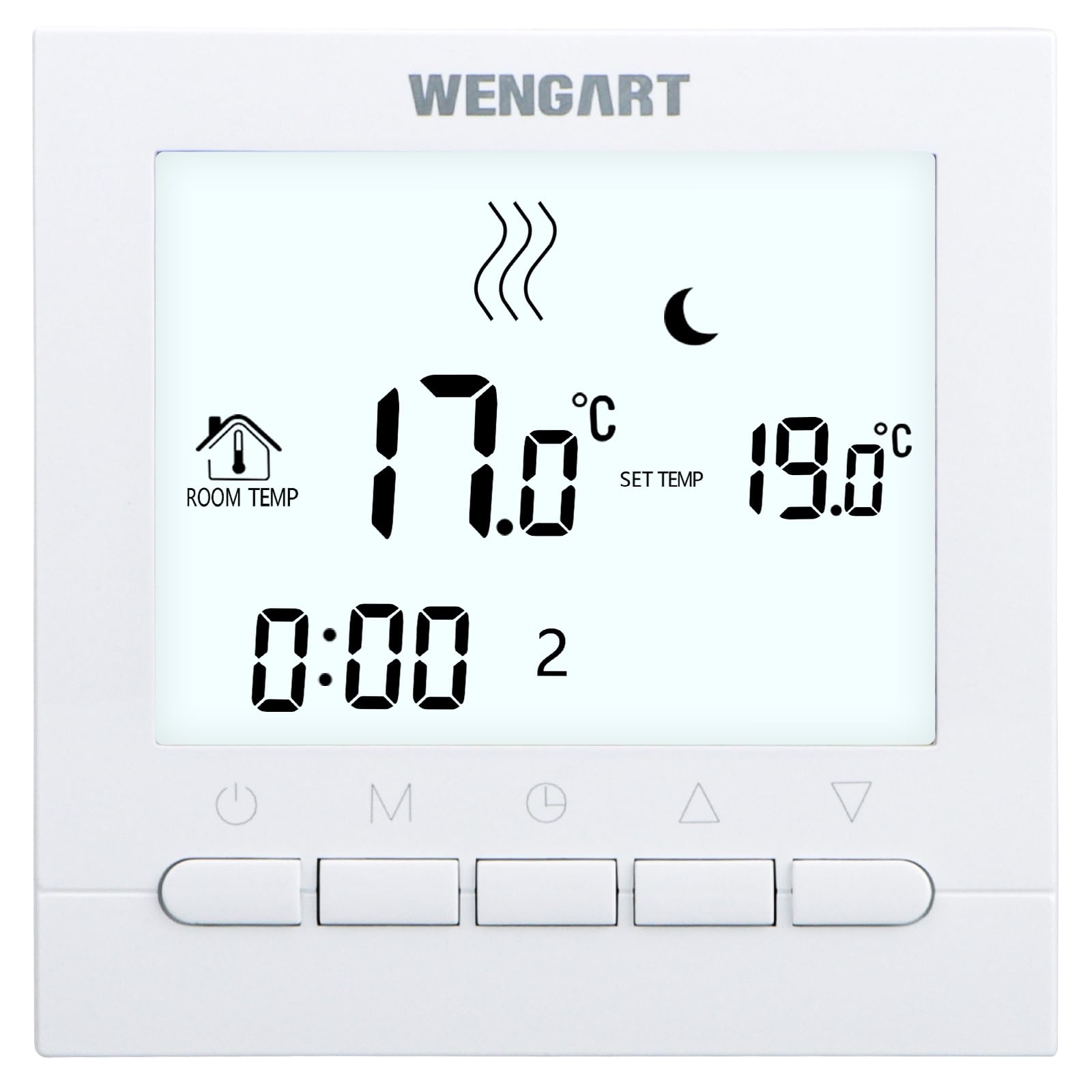 Wengart Thermostat Programmable WG02B04 - Spécifique Chauffage au Sol Hydraulique (3A) - Grand Écran avec Touches Physiques - AC 230V - Compatible Boîtier Rond Standard 60mm - Blanc