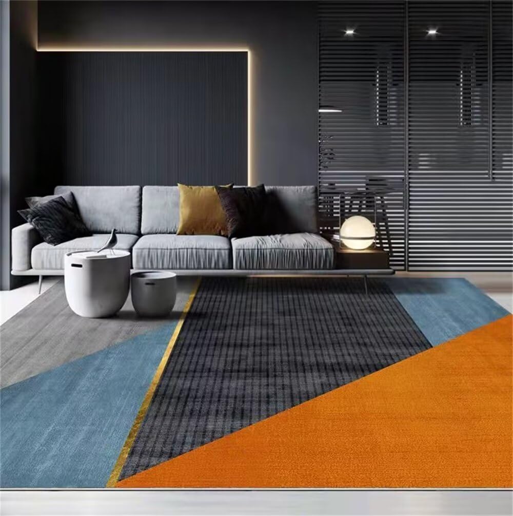 Tapis salon lavable 120x200cm orange et gris au design rayé moderne