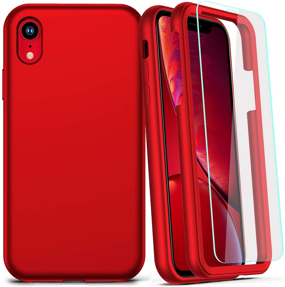 COOLQO Compatible for iPhone XR Case, 360 Full Body Coverage Hard PC+Soft Silicone TPU 3in1 Shockproof Matte Phone Cover [Certified Military Protective] with 2 x Tempered Glass Screen Protector -Red