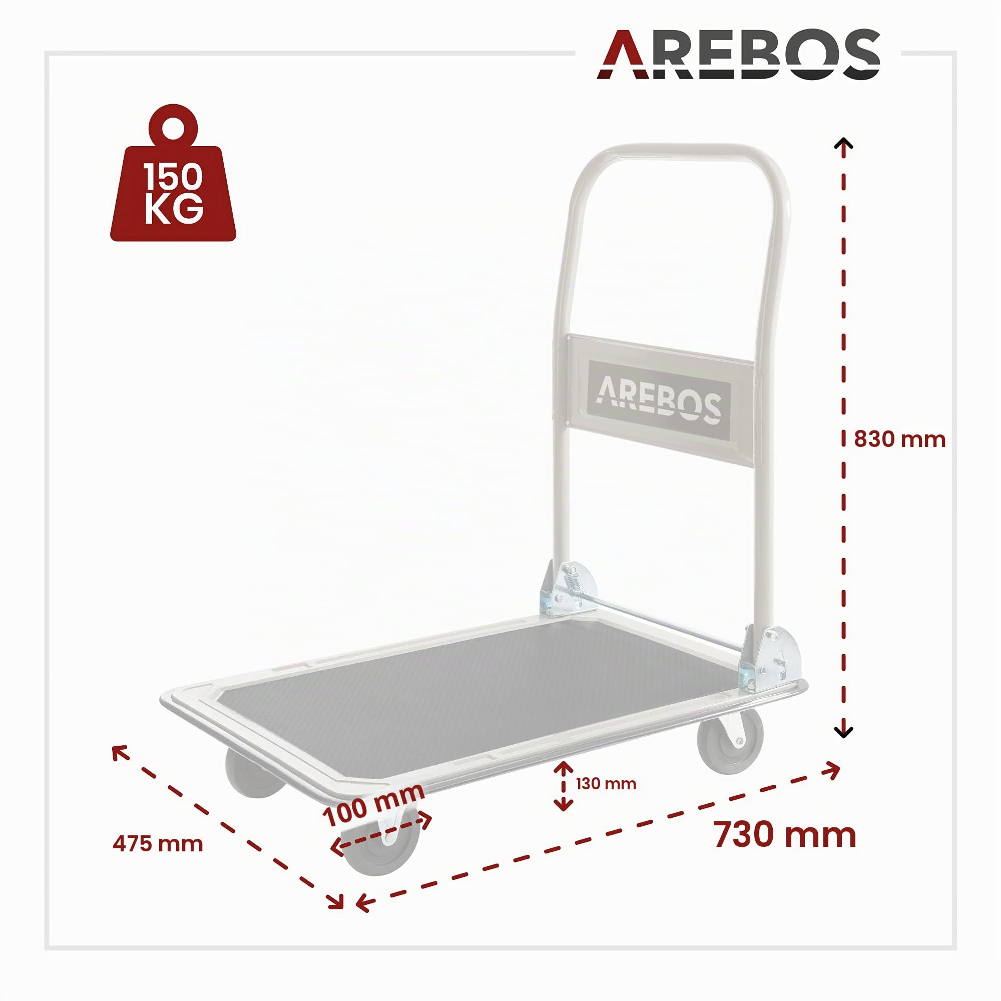 Arebos Chariot à Plate-Forme Chariot de Transport Manuel | Pliable | 150kg | 4 Roues | Polypropylène et Métal