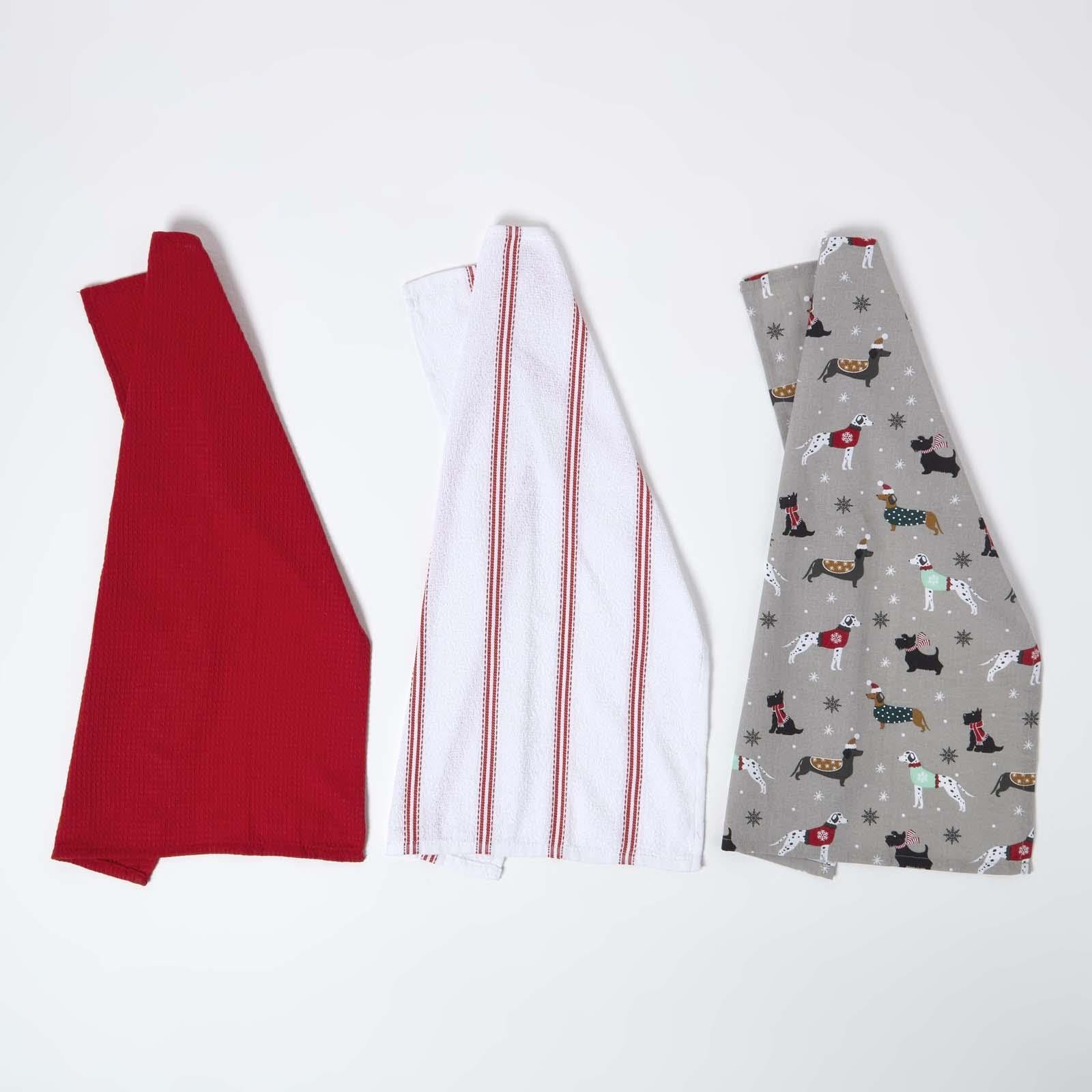 Homescapes Rouge Set Of 3 Cotton Dog Tea Towels, 64 X 45 Cm, Red, Festive, Absorbent, Handcrafted, Machine Washable, Durable