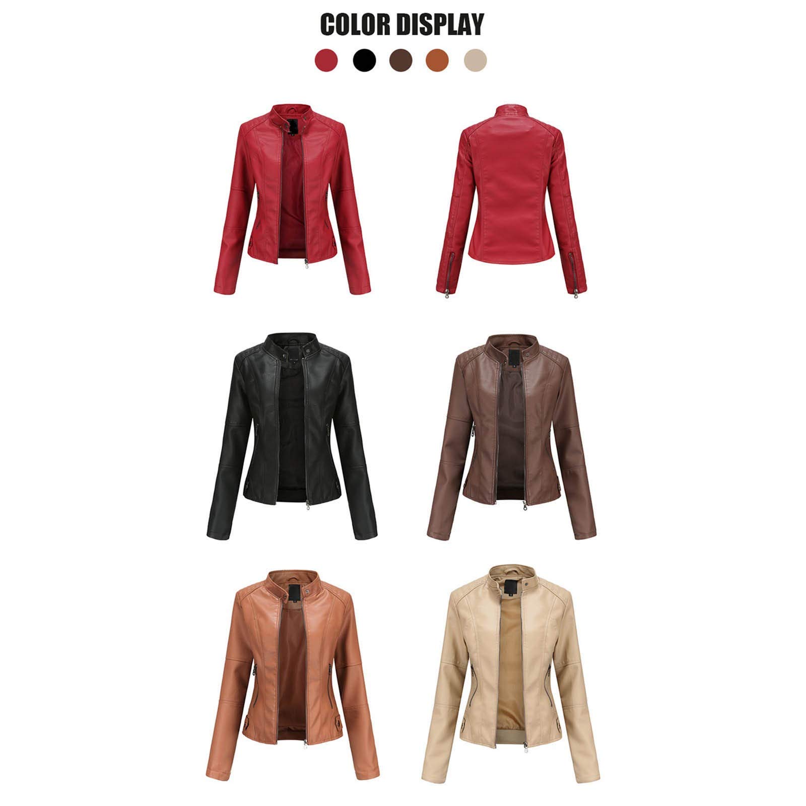Generisch Veste en cuir synthétique pour femme - Noir - Automne et hiver - Courte - Décontractée - En cuir synthétique - Coupe ajustée - Avec poches zippées et boutons
