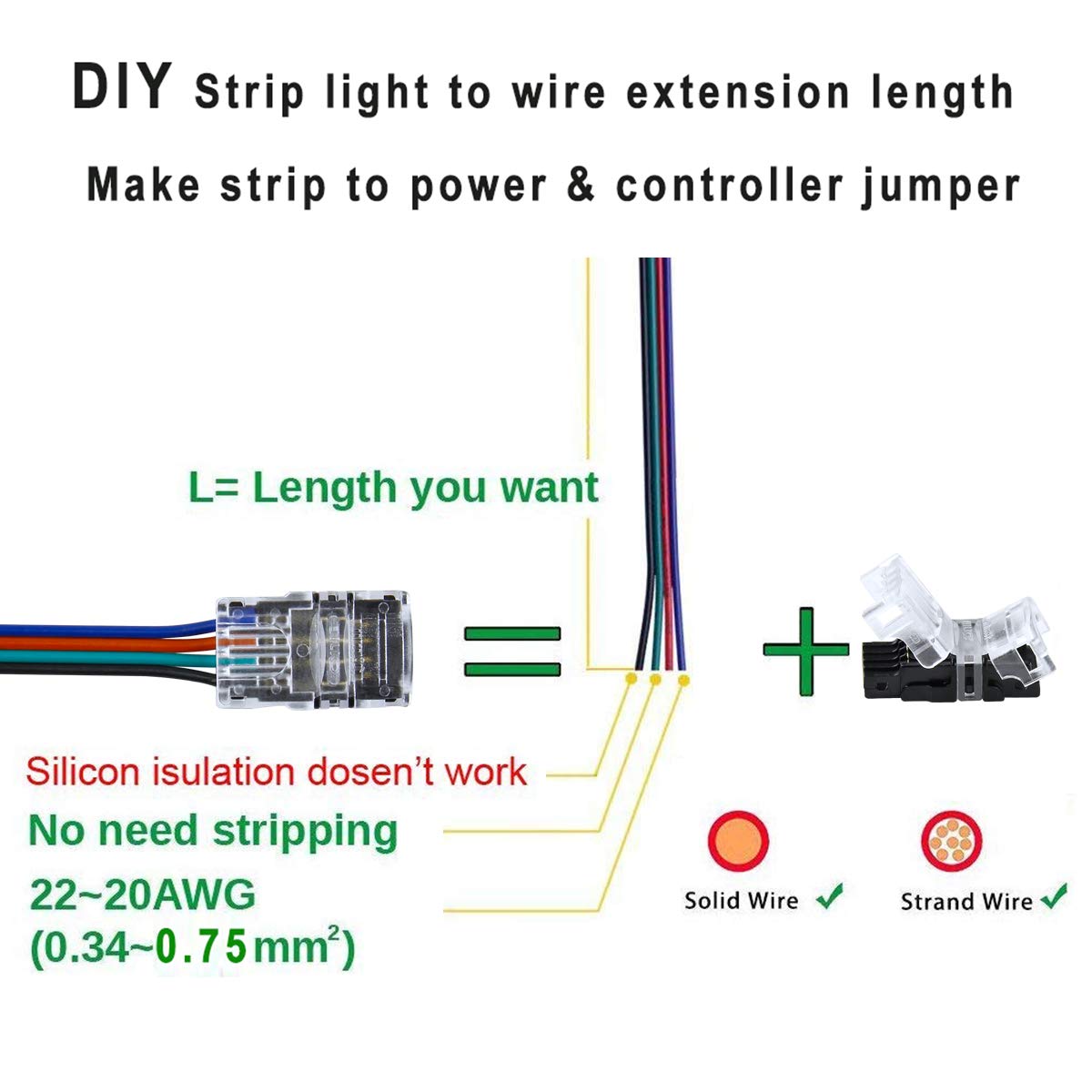 BZONE 10 Pack LED Strip Connector 4 Pin with 16.4FT Extension Cable for  Waterproof 10mm Wide 5050 RGB LED Strip Lights, Strip to Wire Quick  Connection, 22-20 AWG - - Amazon.com