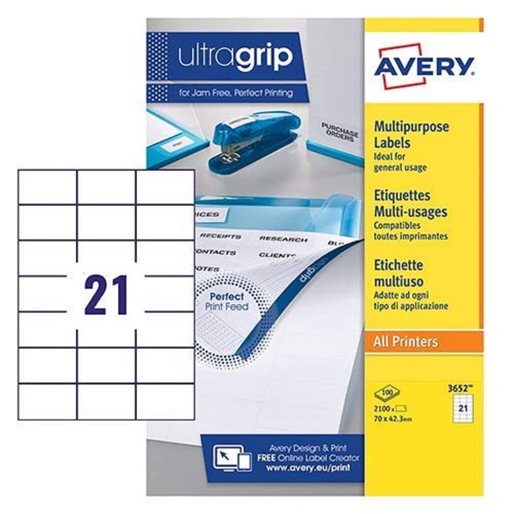 Avery 3652 Printable, Customisable Multipurpose/Copier Labels, 21 Labels per A4 Sheet, White (100 Sheets)
