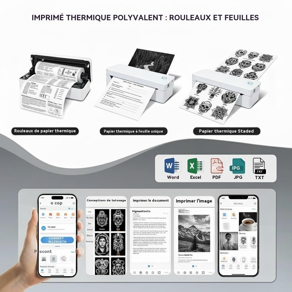 Imprimante de tatouage A4 thermique éducative - Noir - 10 feuilles de modèle + 1 rouleau papier standard