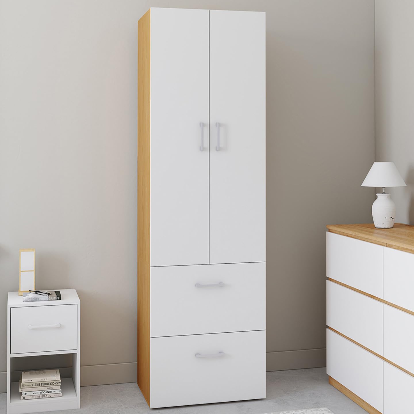 IDMarket - Armario Juliana de 2 puertas blanco y madera armario 50 cm con 2 cajones