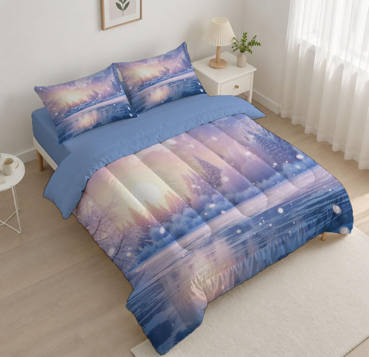 Winter Scenery Comforter Set King Size, Enchanting Lakes and Forests Bedding Set for Girls Boys, Pinkish-Purple Quilt Bed 104"X90" Bedding Comforter Sets with 2 Pillowcase Room Decor