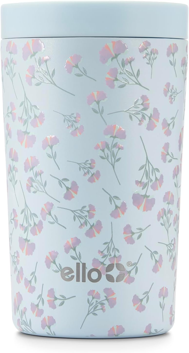 Ello Jones 11oz Insulated Stainless Steel Travel Mug with Leak-Proof Slider Lid, Single Serve Small Coffee Tumbler, Keeps Drinks Hot 3 Hours Cold 8 Hours, BPA-Free, Serene Blooms