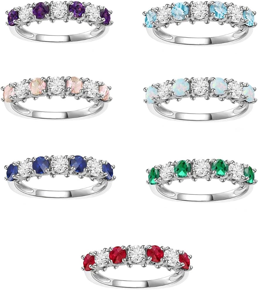 Gemstone and Lab-Created White Sapphire Band Ring, Alternating Stones, Sterling Silver, (3.5mm stone) - Image 5