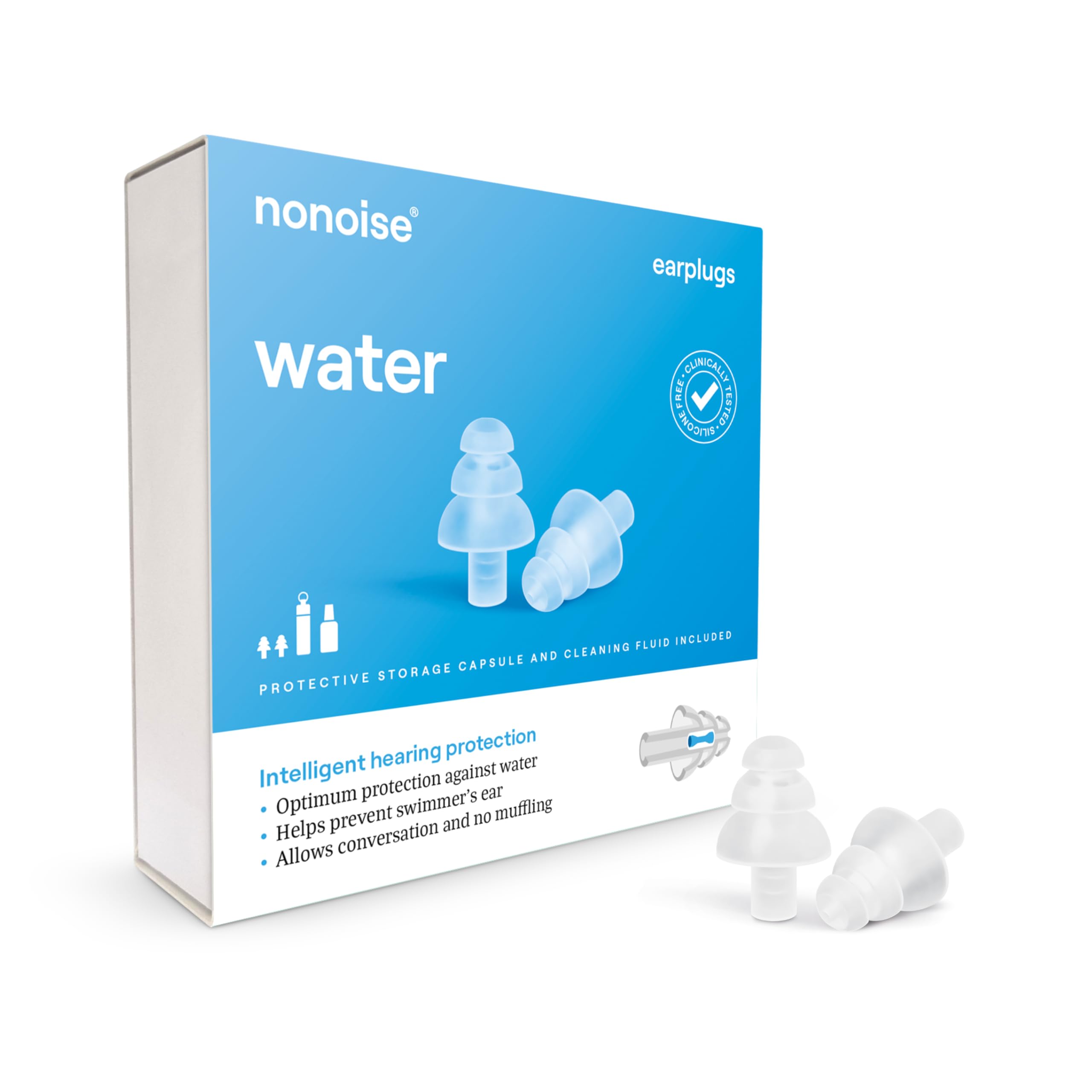 Nonoise Water - Tappi auricolari per sport acquatici - Protezione dall'acqua nelle orecchie - L'ambiente rimane chiaramente udibile - 1 paio - Trasparente
