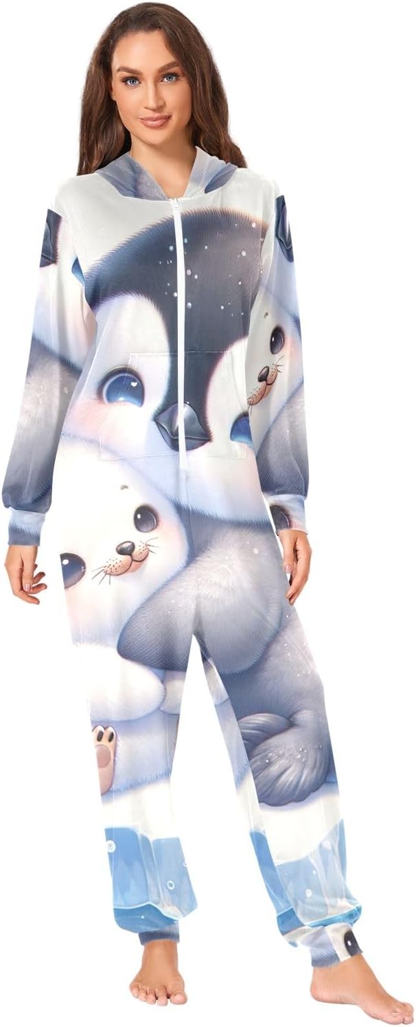 Cute Penguin Seal Adult Onesie Pajamas, Soft Plush One Piece Sleepwear for Men Women Christmas Loungewear