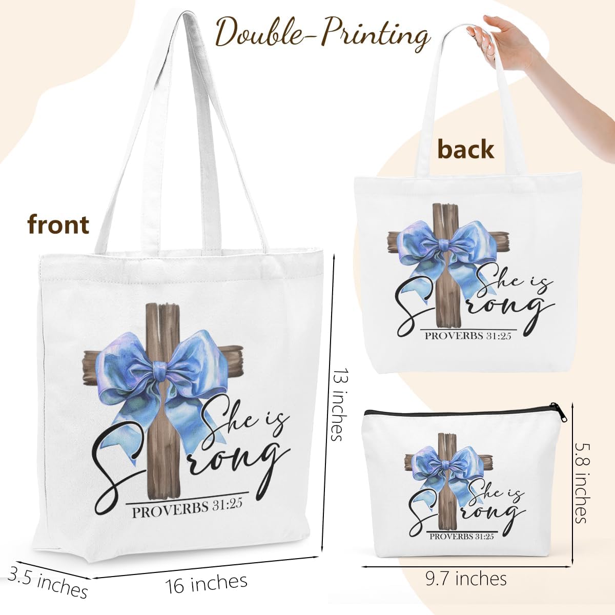 Christian Gifts for Women, Girls Preppy Bow Canvas Tote Bag Makeup Bag Set, Inspirational Bible Verse Religious Gifts Birthday Retirement Anniversary Reusable Grocery Bags Travel Cosmetic Bags - Image 4