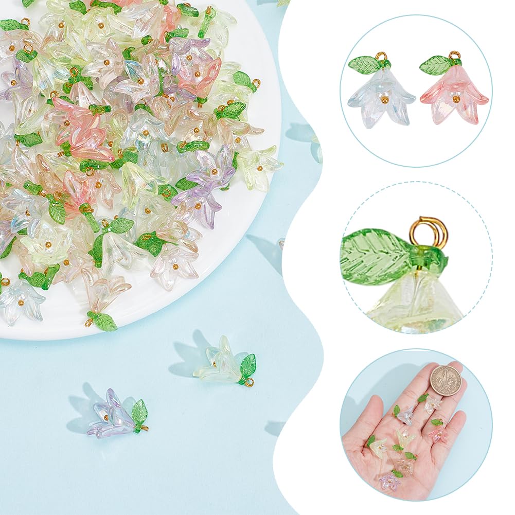 arricraft 60 Pcs 8 Colors Glass Flower Charms,19mm(0.75inch) Colorful Crystal Flower Pendant with Pearl Clear Acrylic Floral Charms Trumpet Flower Beads for Jewelry Making Craft - Image 3