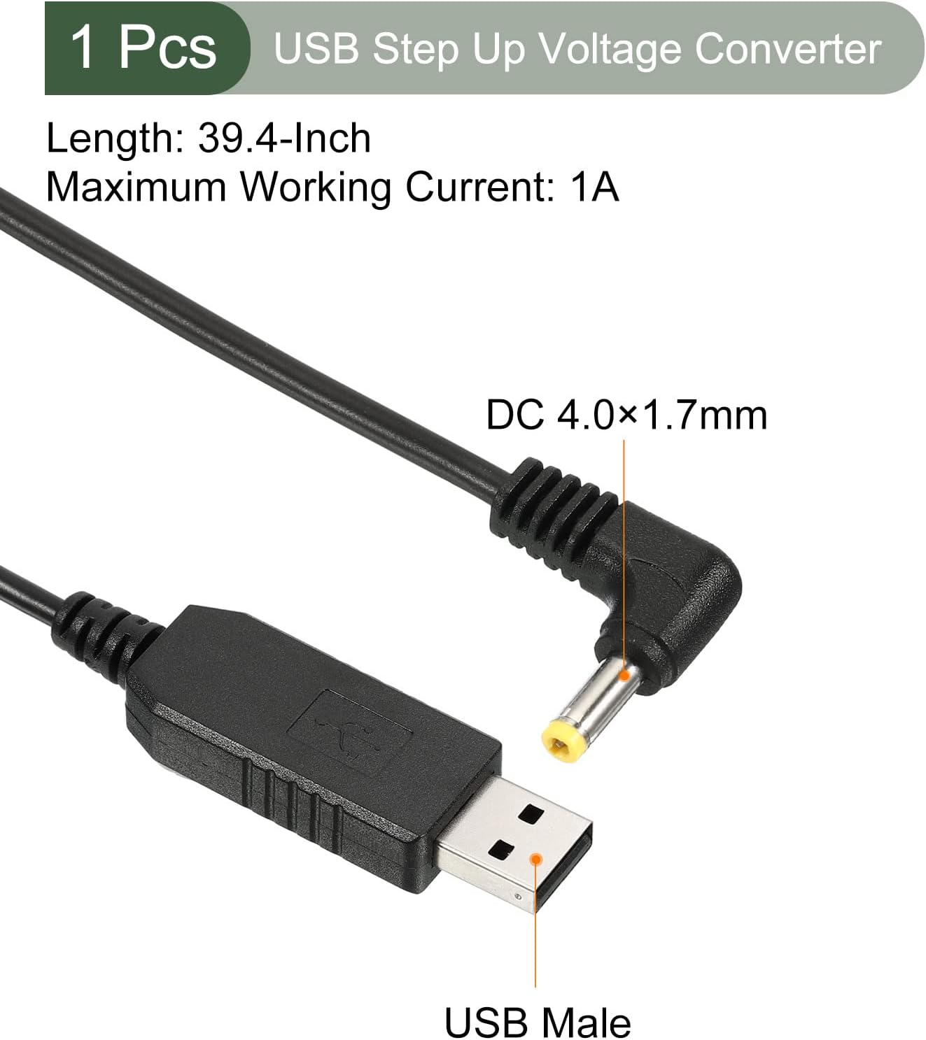 YOKIVE DC 5V to DC 9V USB Step Up Voltage Converter, Power Cable with DC Elbow Jack 4.0mm x 1.7mm, Great for Routers, Car Driving Recorder (Black, 6W 1A)