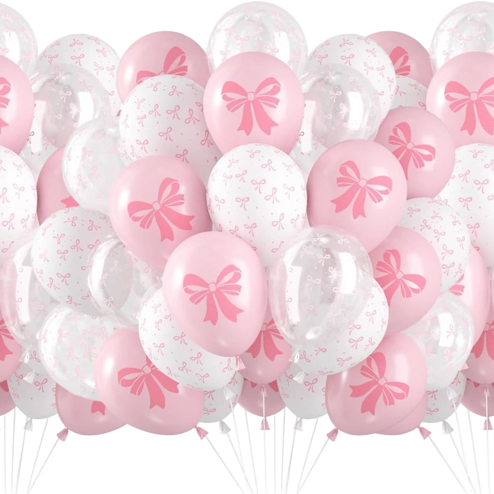 70 PCS Bow Balloons, Pink Balloons and White Balloons Collection, Decorative Glitter Balloons for Parties and Celebrations, Set of 70 Pieces with Assorted Bow Designs