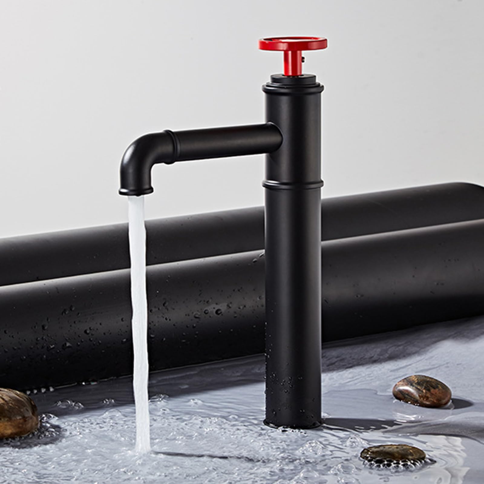 Grifo Lavabo Sobre Encimera Grifos Altos para Lavabos Agua Fría Y Caliente Un Solo Orificio Diseño de Manija Única,negro+rojo