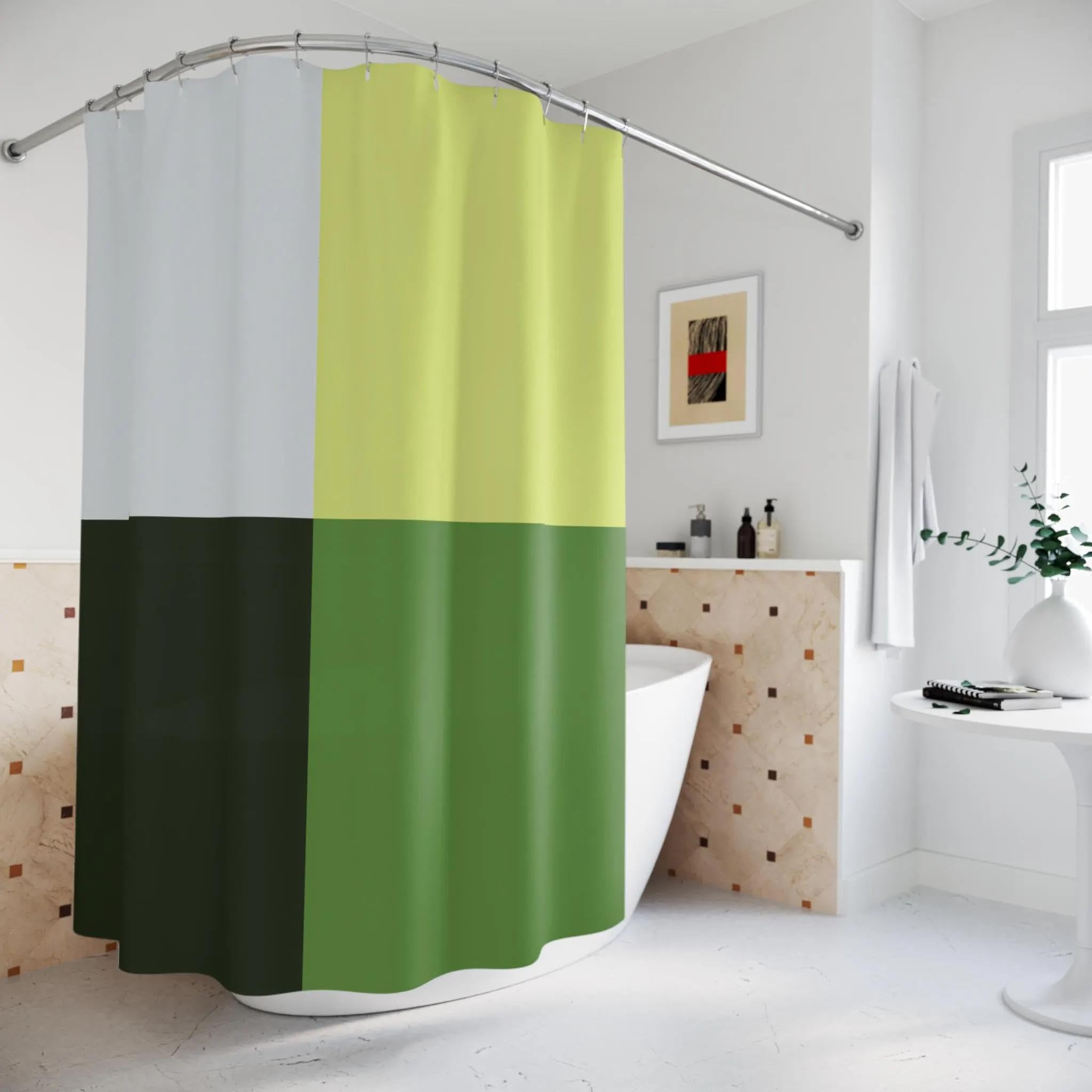 Grüner Duschvorhang mit Farbblockdesign – Modernes Badezimmerdekor,zeitgenössischer Badevorhang,mit 12 Kunststoffhaken,maschinenwaschbar,200 x 210 cm (B x H)