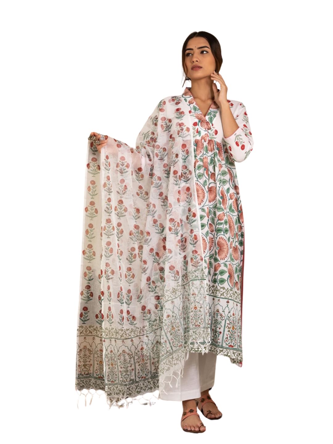 Nainvish Women's Viscose Rayon Printed A-Line V-Neck Kurta Pant With Dupatta (Sd710_Kbd-M_White)
