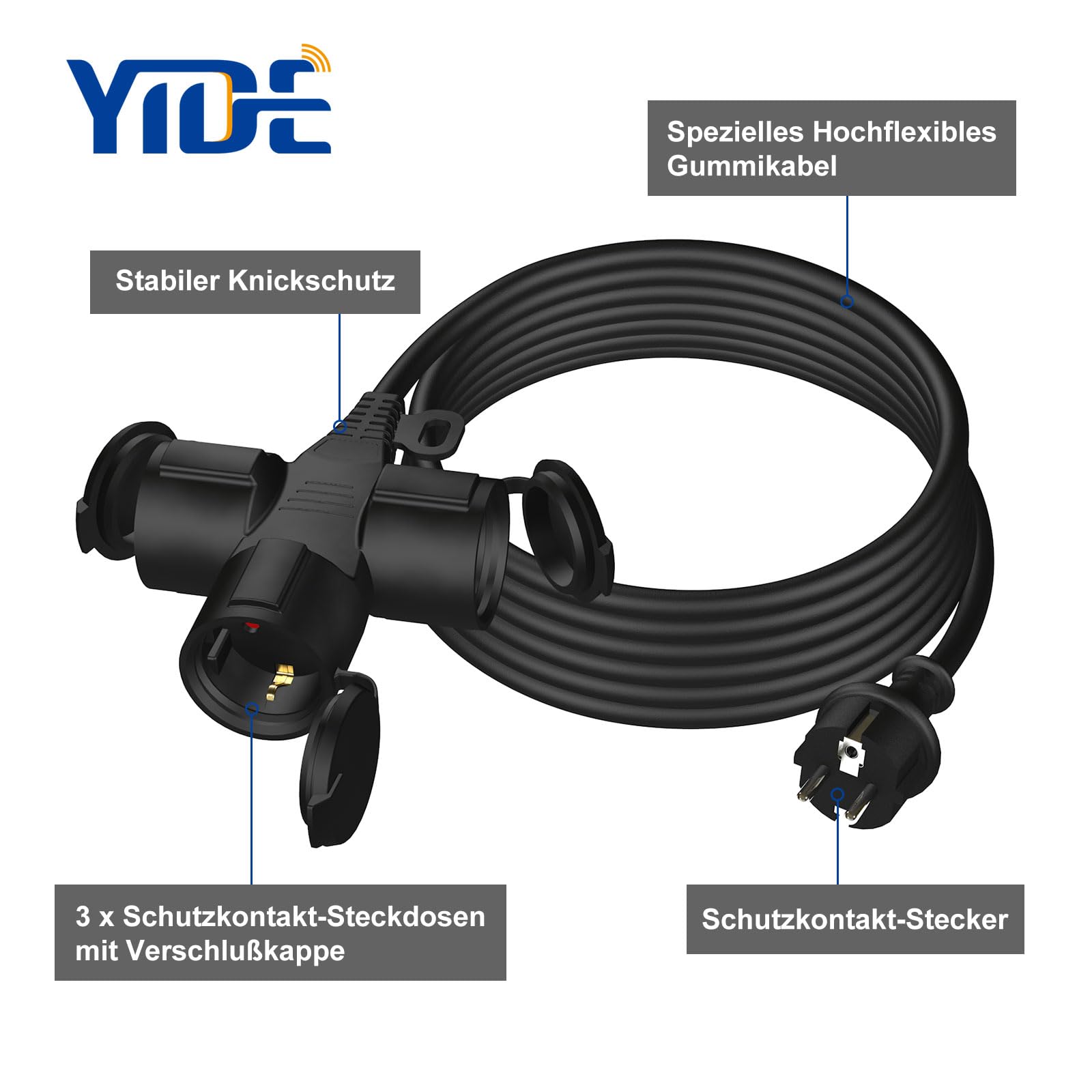 Cavo di prolunga per esterni, con 3 prese Schuko da 15 m, in gomma, per esterni, IP44, H05RR-F, 3G1,5 mm², cavo elettrico esterno, 3 scomparti, 3500 W, nero