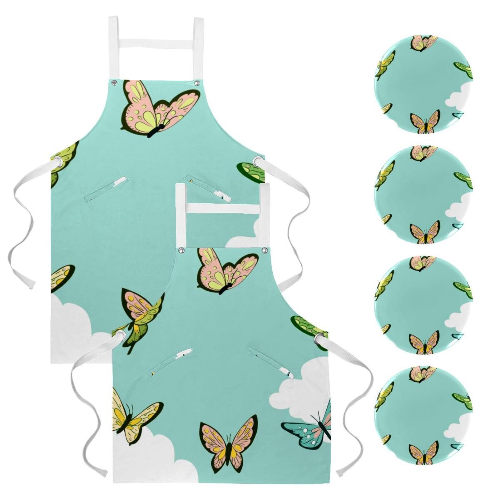 Tablier avec 4 broches One Large imprimé papillon vert multicolore - 7