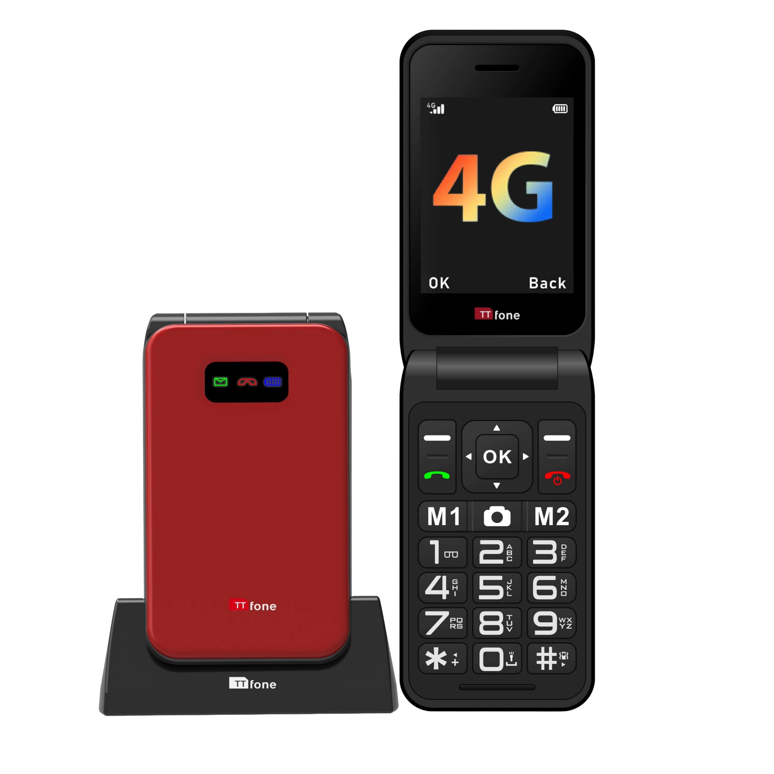 TT760 Flip 4G Big Button Mobile Phone for the Elderly with Emergency Assistance button Unlocked Basic Mobile Phone (Red, with Dock Charger)