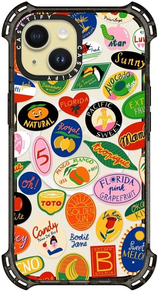 CASETiFY Bounce iPhone 15 Case [6X Military Grade Drop Tested / 21.3ft Drop Protection/Compatible with Magsafe] - Fruit Stickers - Clear Black