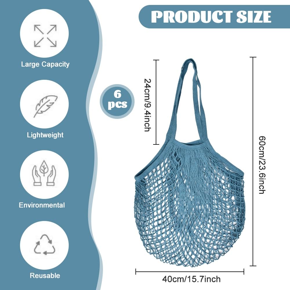 Sacs de Courses en Maille Coton 60x30 cm, Filet Provision Longue Poignée, Sac à Provisions Respirant pour Fruits Légumes, Lot de 6