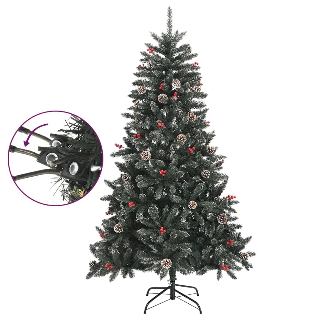 Künstlicher Weihnachtsbaum 150 cm aus PVC mit Stahlständer, klappbar, beschneit, naturgetreu, geschmückt mit Zapfen und Beeren für Wohnzimmer und Winterdekoration