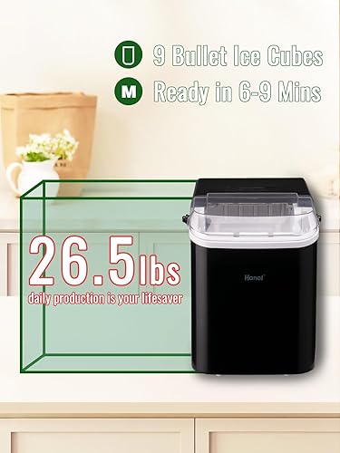 Miniatura 2 de Máquina de hielo portátil para encimera, 26.5 libras en 24 horas, 9 cubitos de hielo listos en 8 minutos, cuchara de hielo y cesta, tamaños de bala