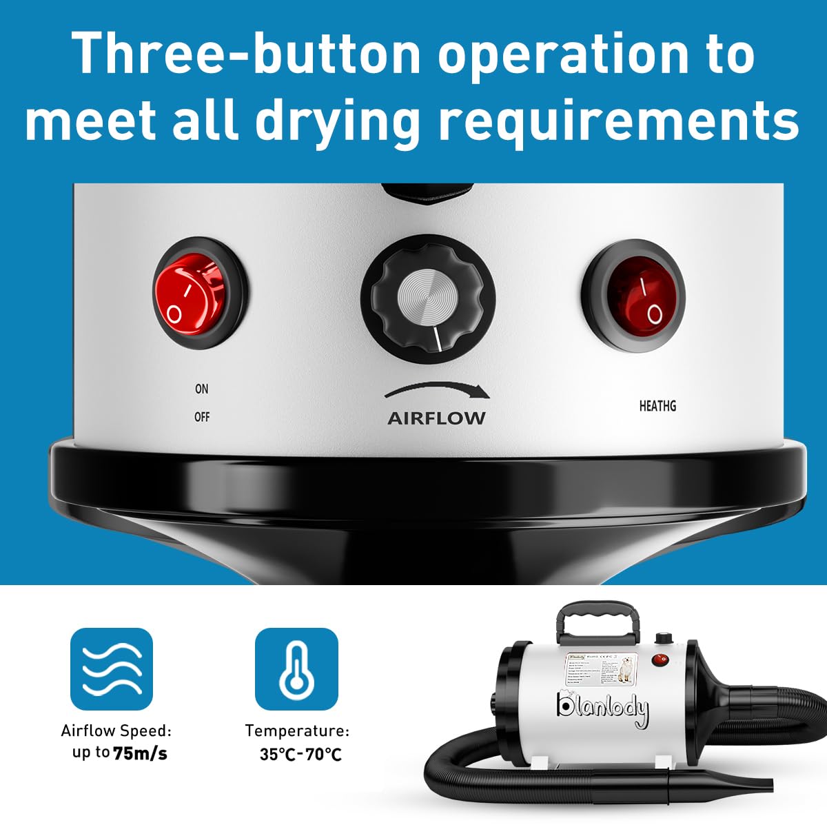 Blanlody Asciugacapelli per Cani Blower Molto Silenzioso, 4,5 CV/3200 W, velocità Regolabile, Ventilatore per la Cura del Cane con 4 Diversi ugelli, Tubo Elastico e Spazzola per la Cura