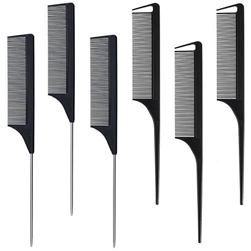 MODENGKONGJIAN Paquete de 6 peines de cola de rata, peines de fibra de carbono resistentes al calor, con cola de acero inoxidable para mujeres y