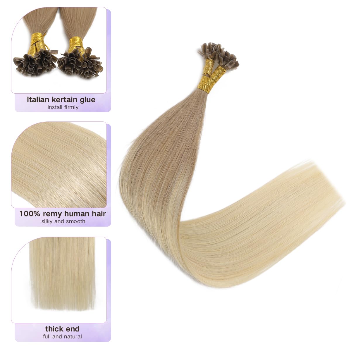 Sindra Keratin U Tip Hair Extensions Human Hair Balayage Ombre Ash Brown to Platinum Blonde 14inch 50 Strand 40G Prebonded Fusion Nail Extension Tips Real Human Hair（Utip#8/60-14inch）