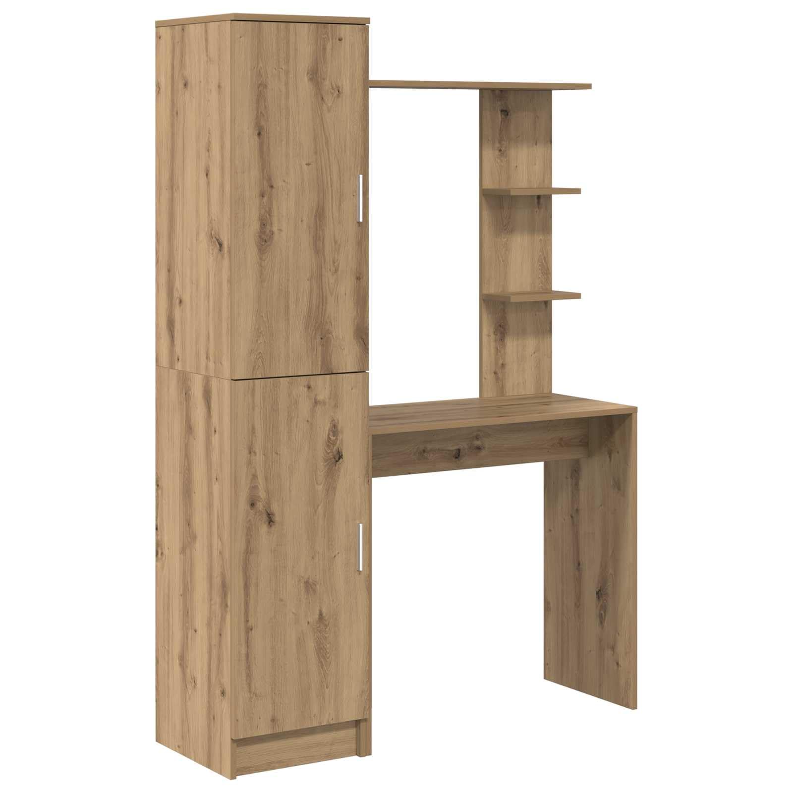 Biurko 2-częściowy zestaw Artisan, dąb drewniany, stół komputerowy z regałem i drzwiami szafy, stabilny stół biurowy do domowego biura, ciepły brązowy kolor, nowoczesna powierzchnia robocza z