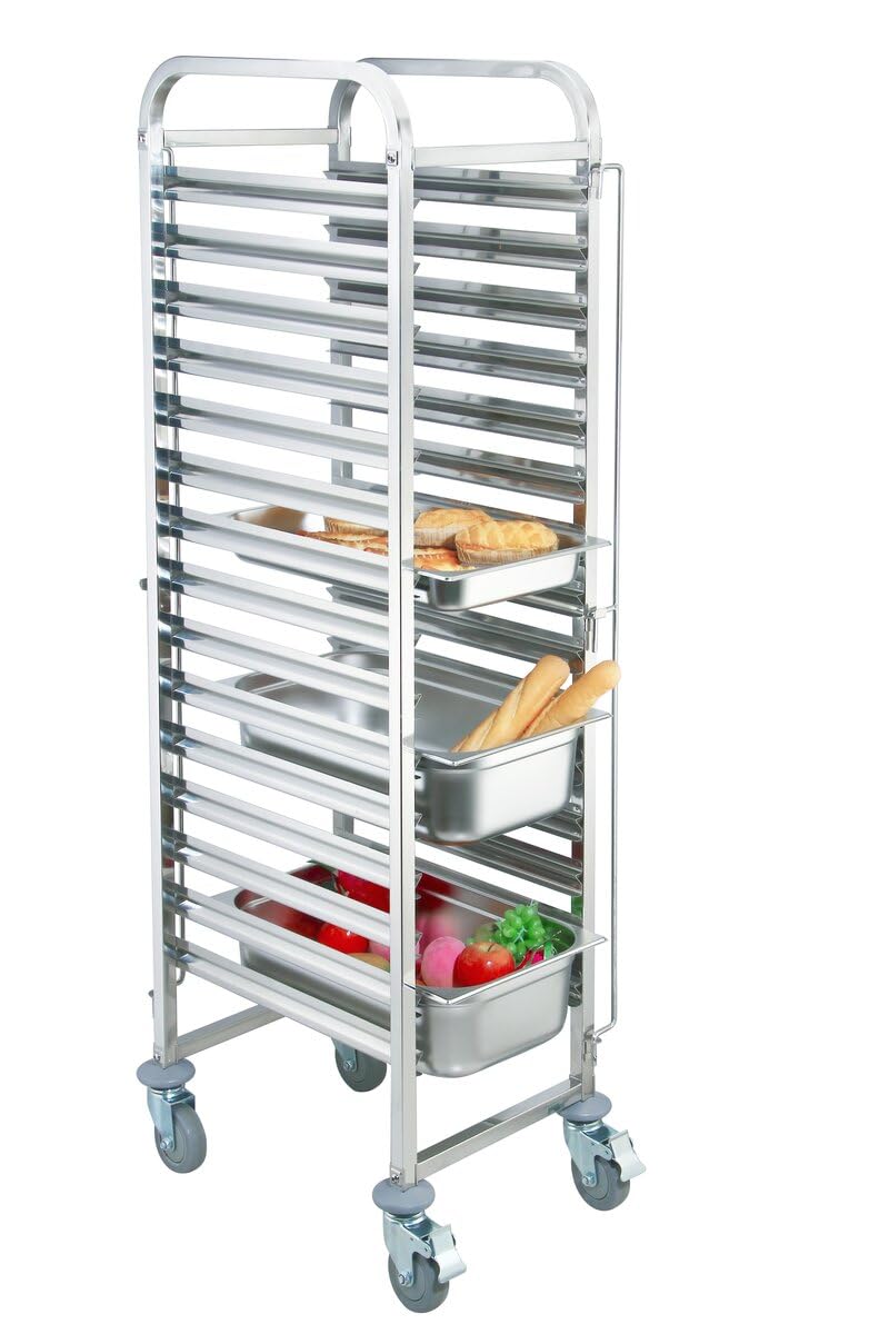 GastroHero Regalwagen ECO 15 GN 1/1 Edelstahl Transportwagen Tablettwagen 15 Etagen GN Wagen mit 4 Lenkrollen 2 Bremsen Doppelschienen Gastro Küchenwagen