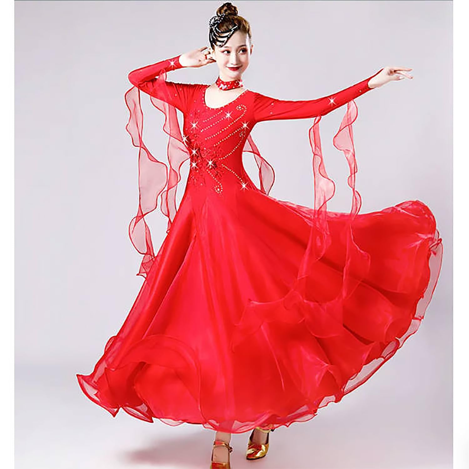 Vestito Danza Standard Nazionale da Salone per Adulti Abiti Flamenco Gonna Ampia A Grande Volant