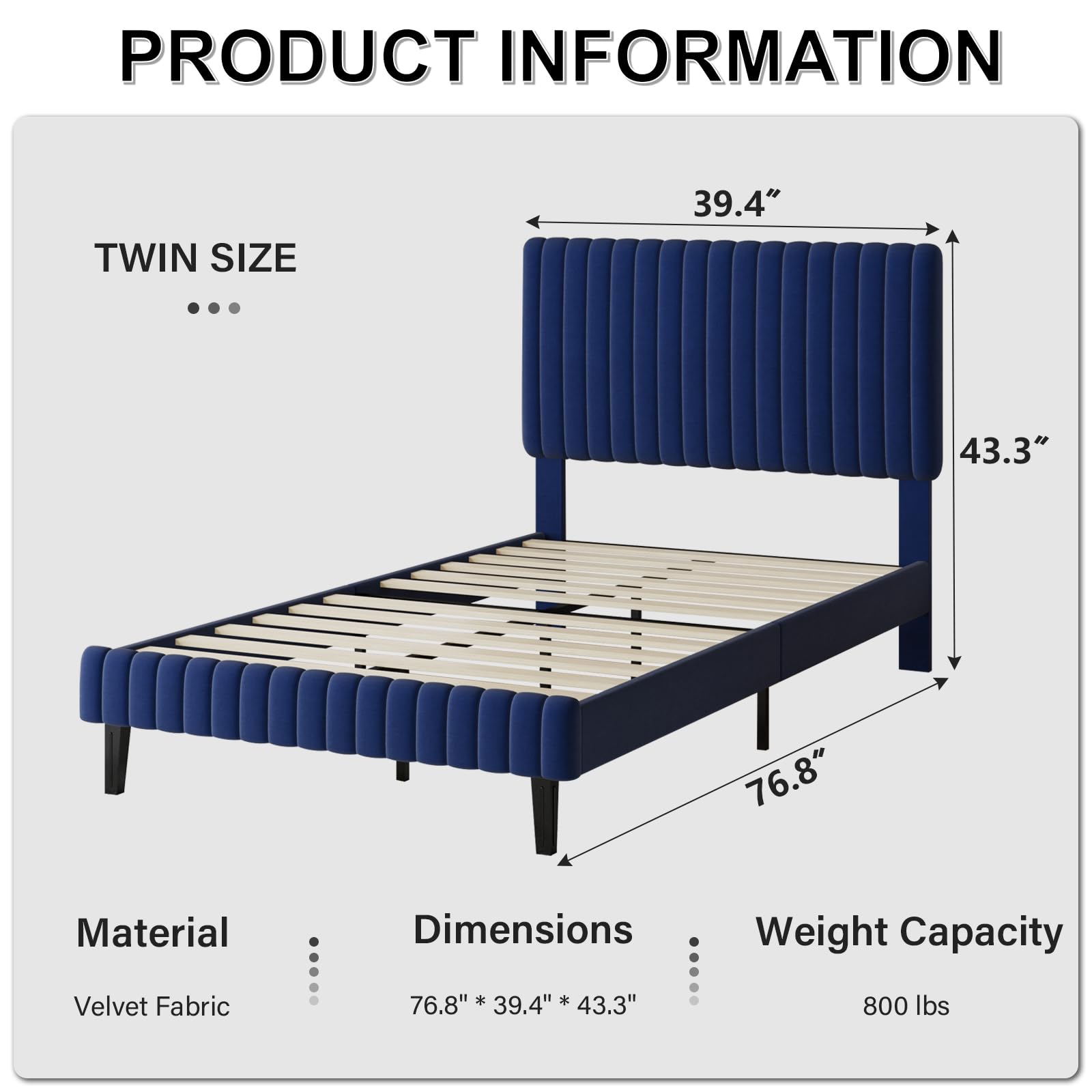 King Size Bed Frame and Headboard, Velvet Upholstered Platform Bed with Vertical Channel Tufted Headboard and Footboard, No Box Spring Required, Easy Assembly, Blue: Twin Blue