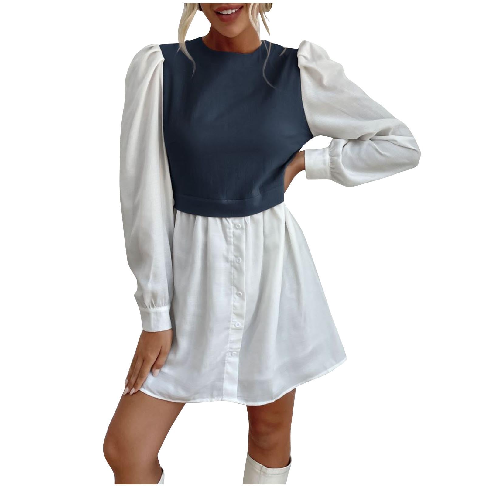 bawilomPatchwork Dress for Women Colorblock Long Sleeve Crewneck Mini Dress Trendy Elegant A Line Pleated Flowy Swing Dress