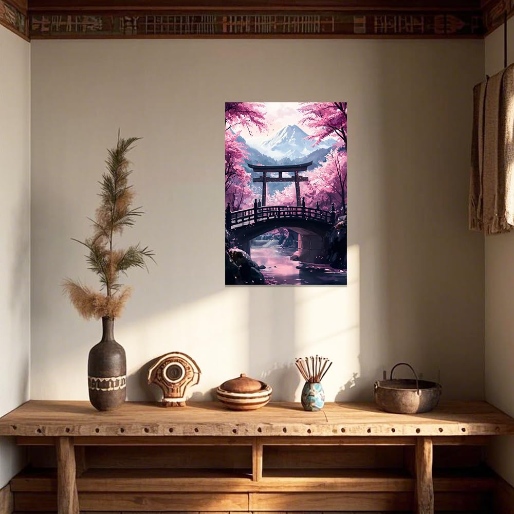 ZXHYWYM Japanese Wall Art Pink Cherry Blossom Pictures for Bedroom Japan Landscape Poster Prints Sakura Canvas Painting Framed Ready to Hang (30 x 45 cms) - Image 2