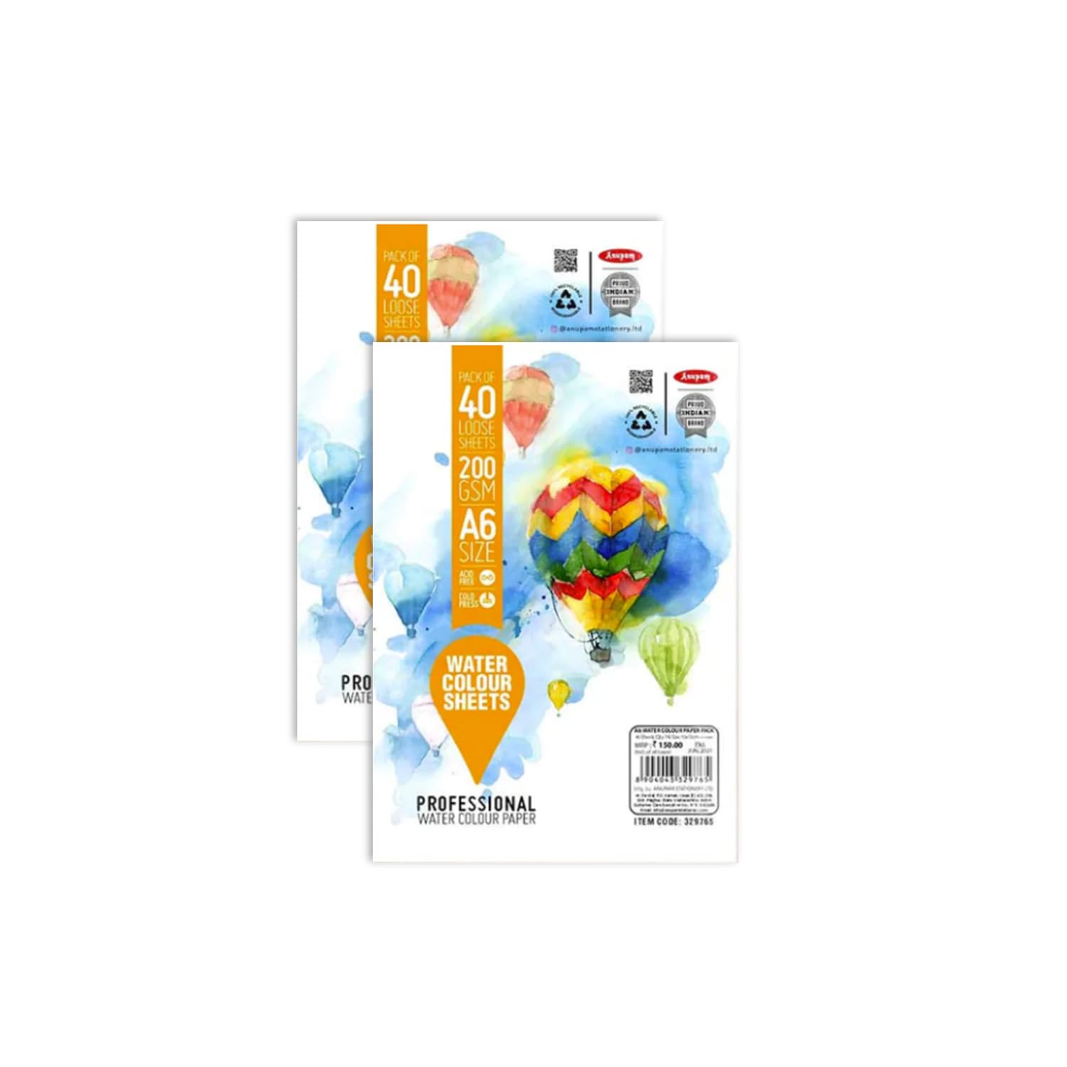 Anupam Watercolor Paper A6 200 GSM - Cold-Pressed, Acid-Free, Both Side Usable Water Colour Papers for Watercolour, Acrylic, Gouache, Ink & Mixed Media, 40 Sheets (Pack of 2) (B0CH11SF99) Amazon Price History, Amazon Price Tracker