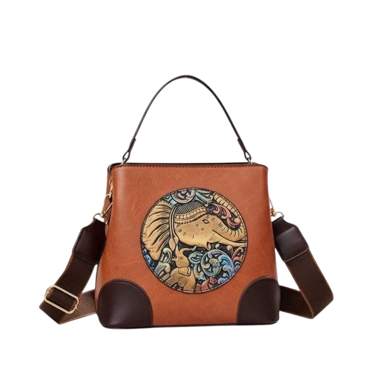 Elephant embossed Handbag Tan-image-6