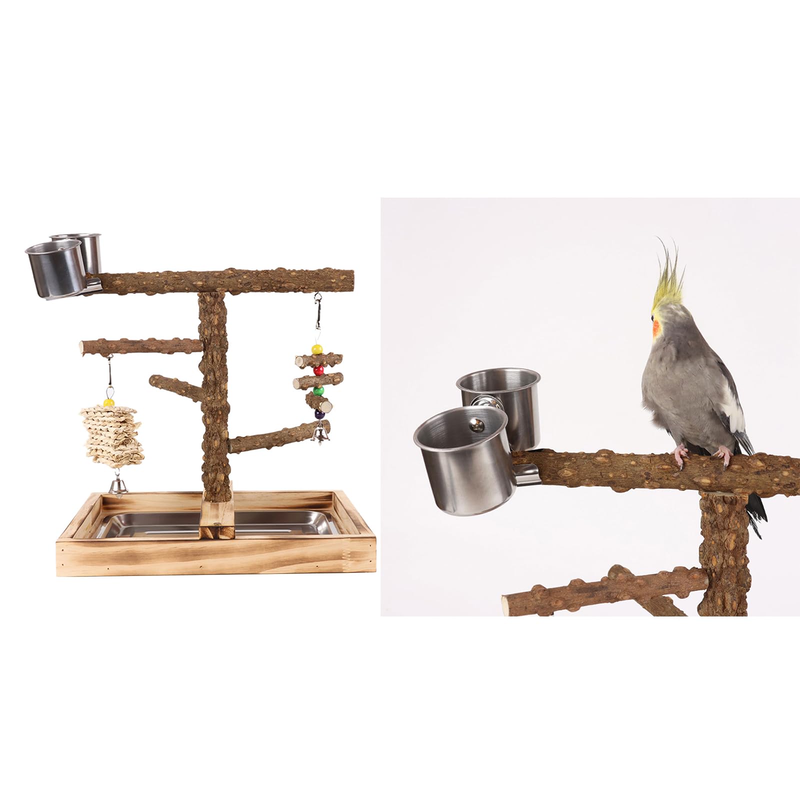PANGBOER Vogelschaukel, Papageienkäfig Spielzeug, Holzschaukel mit Spielzeugtablett, Futterbecher, Training für kleine Vögel, Papageien, großer Spielständer