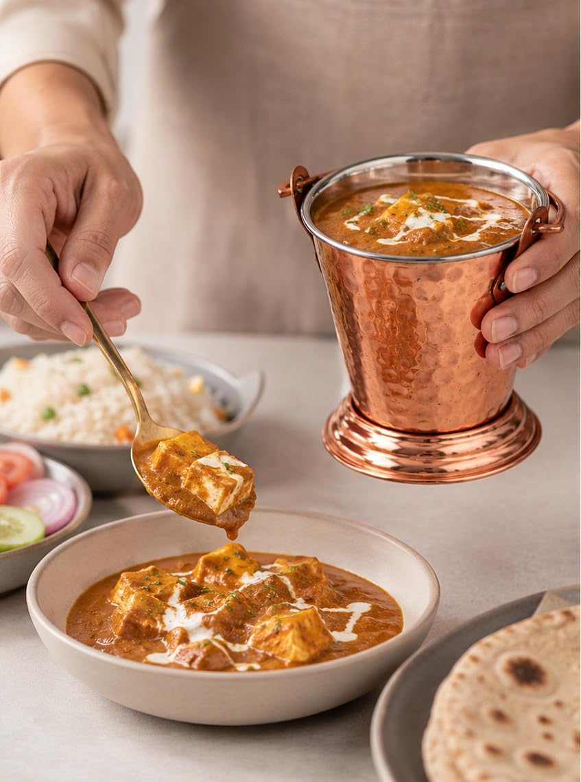 Balti Stahl-Kupfereimer zum Servieren von Gerichten, Kupferartikel, Kupferutensilien, Küchenutensilien, Küchenutensilien, Küchenutensilien und Geschirr, 350 ml, 4 Stück, COPPER BUCKET_044