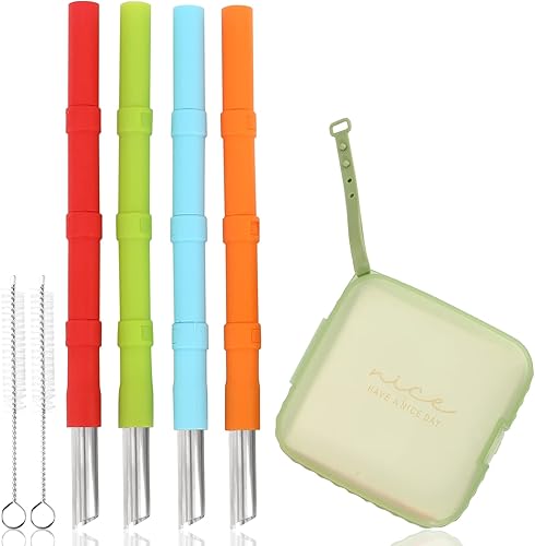 Pajitas de silicona reutilizables, 4 popotes de viaje empalmables con cepillo de limpieza de estuche, popotes de silicona de longitud ajustable para