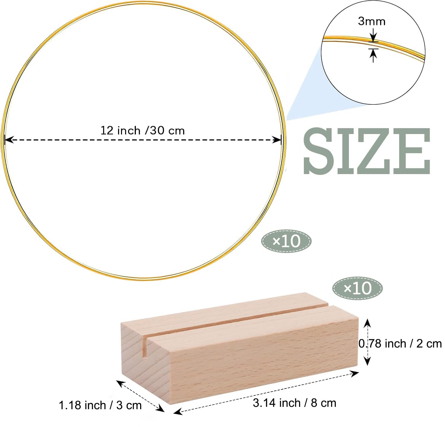 WEIWUXIAN 10 Pezzi 30CM Anelli in Metallo Dorati, Anello per Acchiappasogni con 10 Base in Legno, Centrotavola a Cerchio Floreale in Metallo Macramè, per Ghirlande da Tavolo di Nozze (Oro)