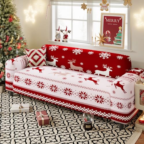 Hiseng 3D Navidad Funda Sofa, Elástica Rojo Fundas Sofas 1-4 Plazas para Muebles, Lavable Jarapas Protector para Salón, Dormitorio (Ciervo Rojo 1,2 plazas)