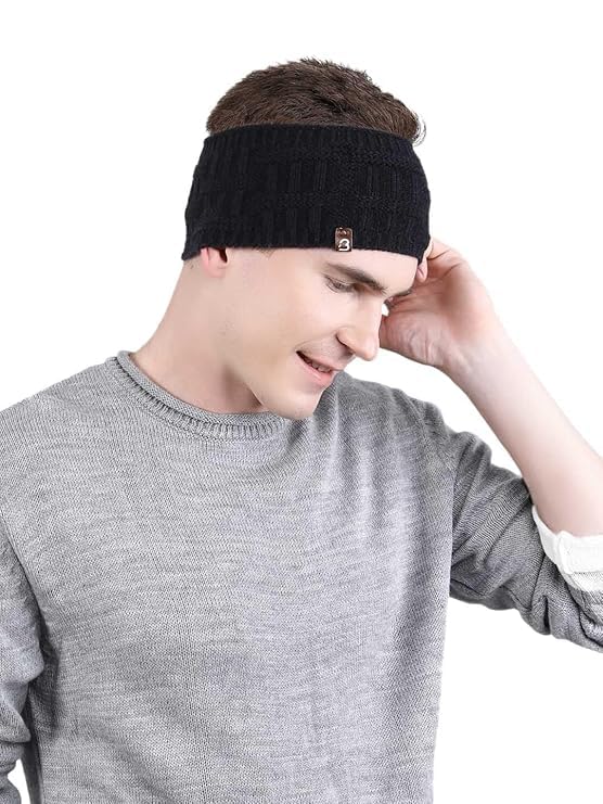 Men’s Stylish Knitted Woolen Headband Earwarmer | Warm Acrylic Wool Winter Earcover | Self Design Stretchable Hairband | Soft Non-Itchy Ear Muff Band for Cold Weather (Black, Free Size)-image-32