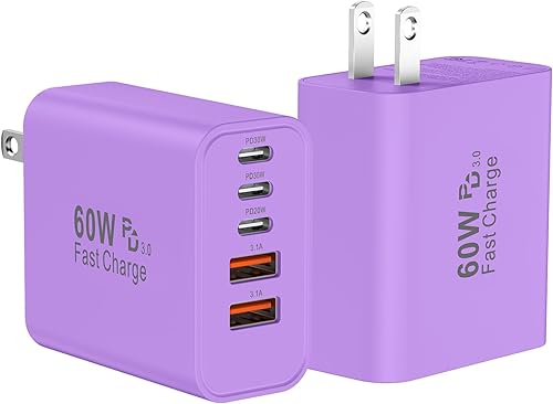 Miniatura 13 de Bloque de cargador de pared rápido USB C, paquete de 2 cubos de carga USBC de 60 W, adaptador de corriente PD+QC de 5 puertos ladrillo multipuerto